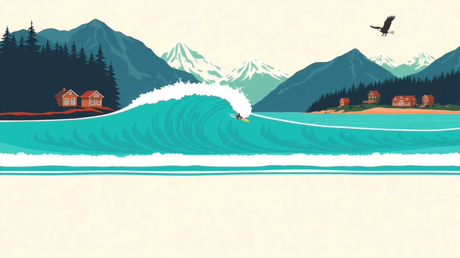 Illustration of the proposed South Britannia surf lagoon at Britannia Beach, British Columbia, with coastal mountains and cabins.