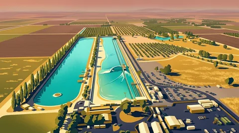 Illustration of Kelly Slater's Surf Ranch in Lemoore, California: the 700-yard freshwater wave pool with a barreling wave, its sister lake and Central Valley farmland