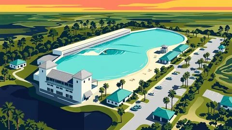 Illustration of The Point Surf Park in Fellsmere, Florida: the D-shaped Endless Surf lagoon with its wave machine building, white clubhouse towers and Florida pines and wetlands