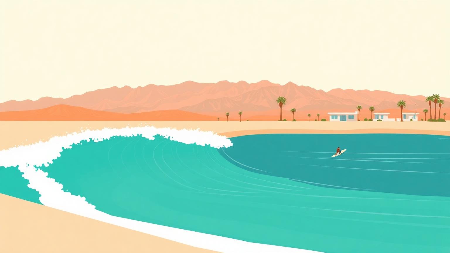 Illustration of the planned Thermal Beach Club surf lagoon in the Coachella Valley desert, California.