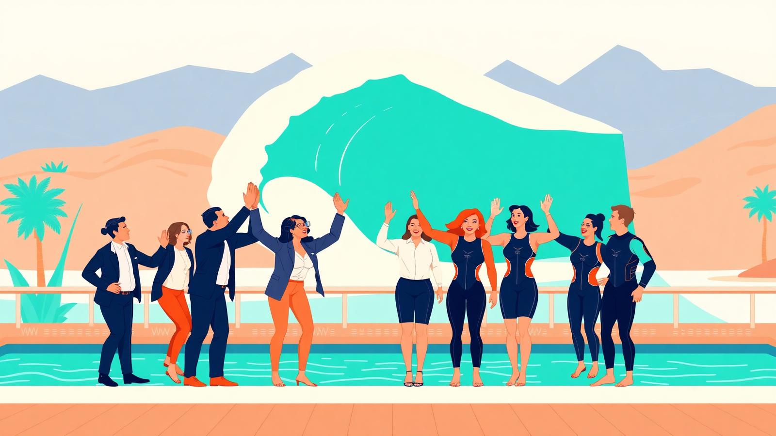 Team building activity collage with outdoor adventures and group events in flat vector style