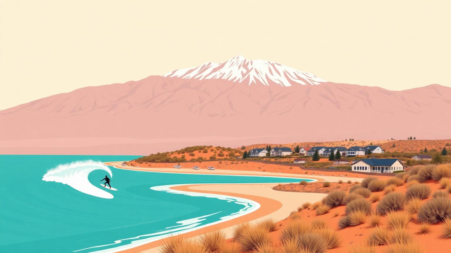 Illustration of the proposed Veranda West surf lagoon in Draper, Utah, with the Wasatch mountains behind suburban homes.