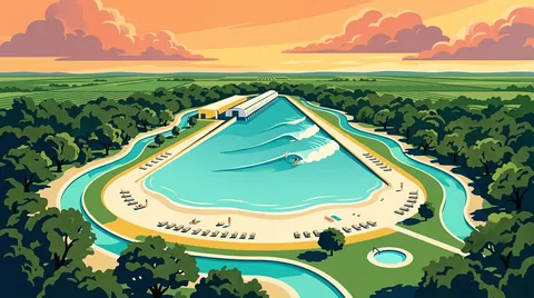 Illustration of Waco Surf in Waco, Texas: the wedge-shaped PerfectSwell surf lagoon with a sandy beach and lazy rivers, surrounded by Texas oak trees