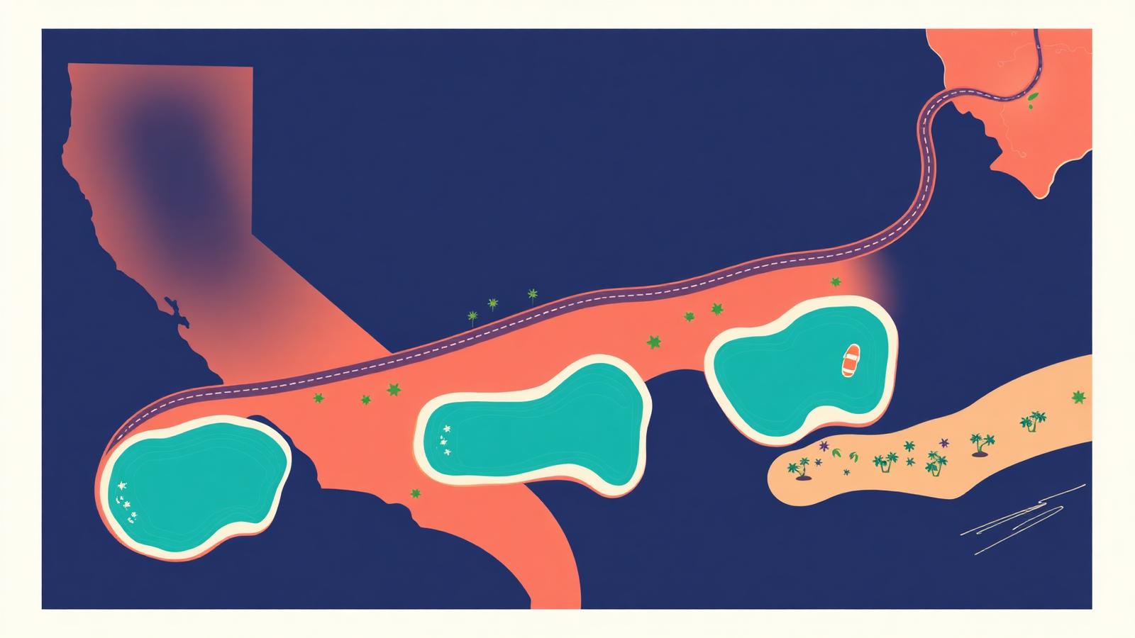 Flat vector illustration of a stylized California map with three wave pool lagoons connected by roads