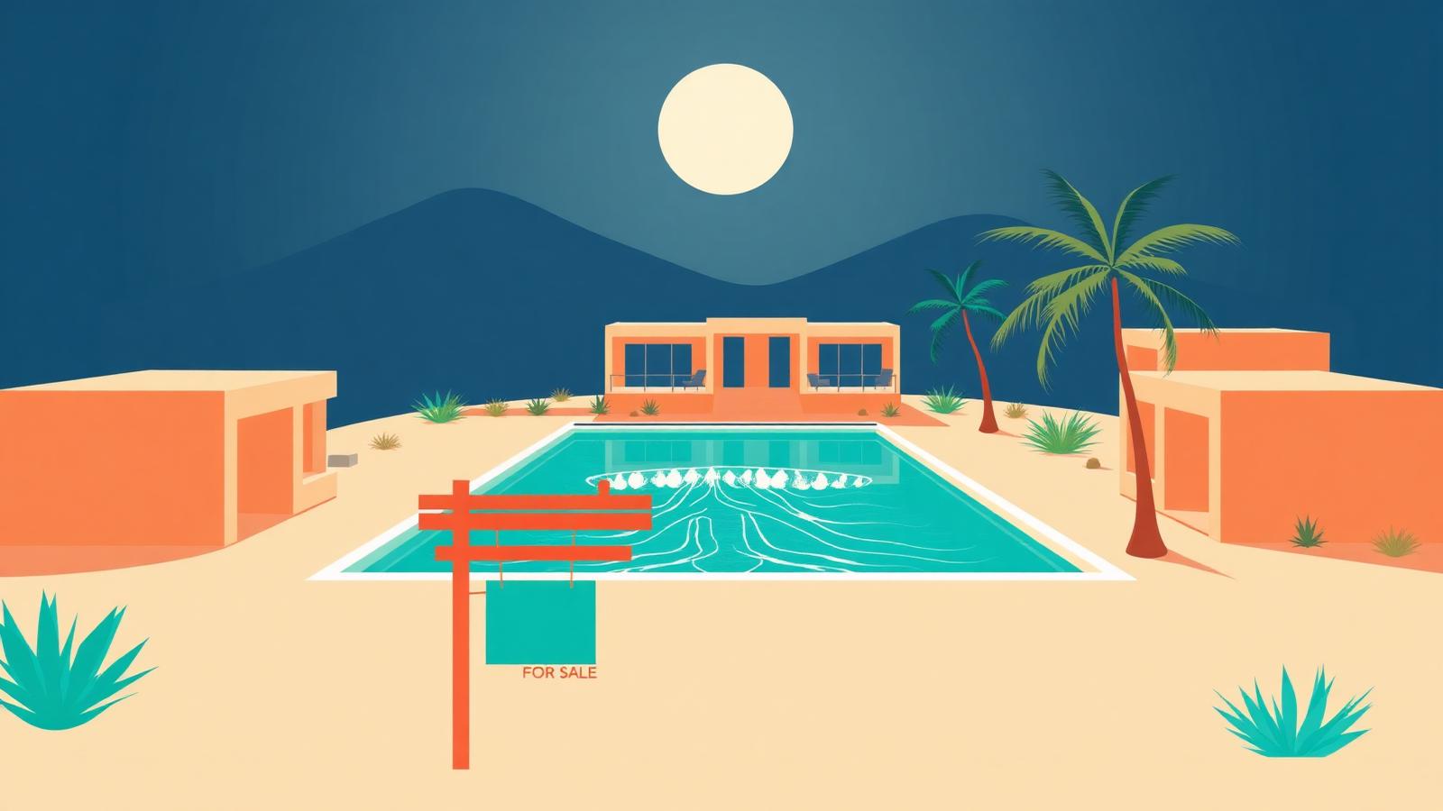 Flat vector illustration of modern desert homes around a turquoise wave pool lagoon with a for-sale sign