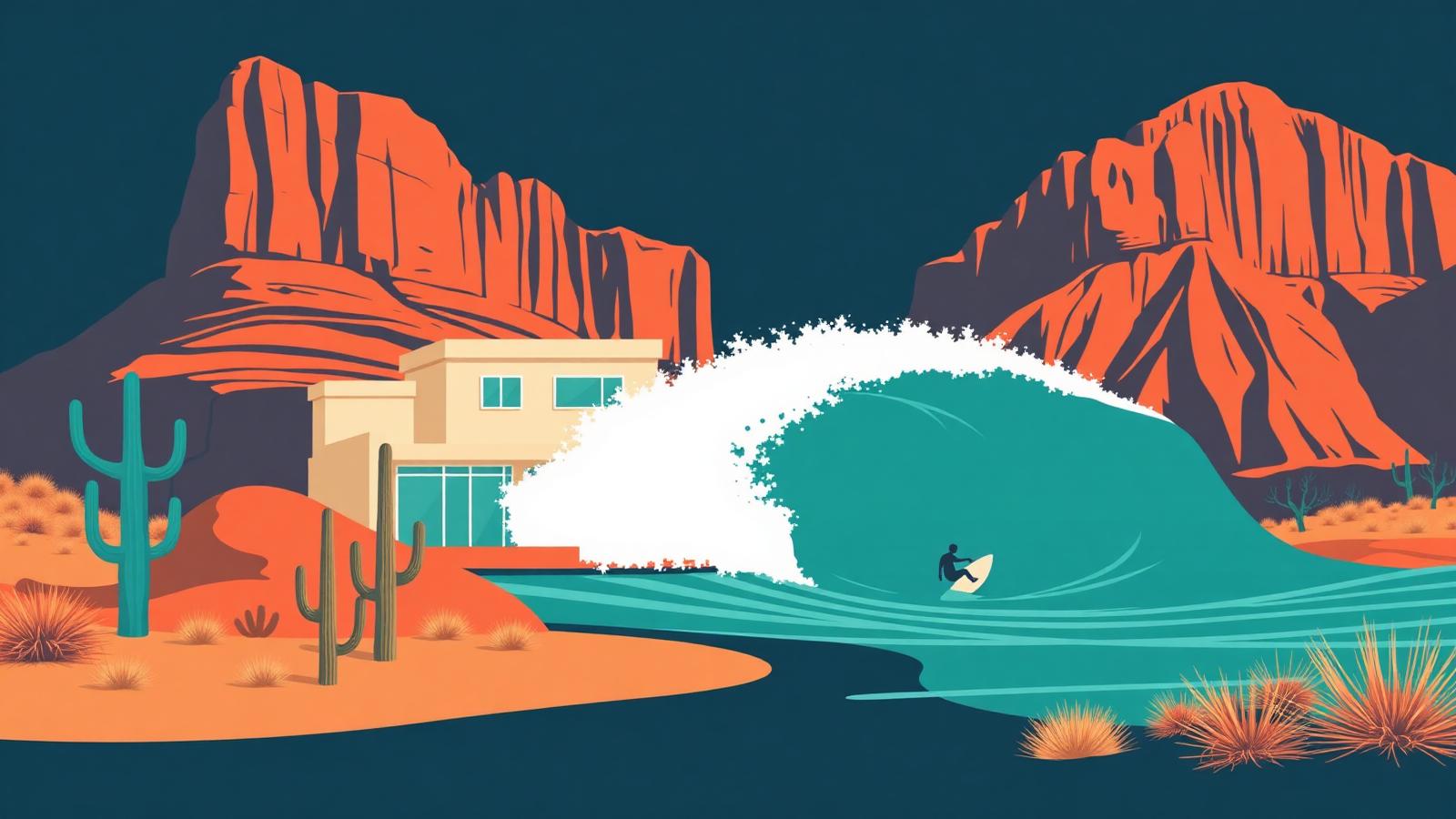 Flat vector illustration of a desert home and barreling wave beneath Utah red rock cliffs