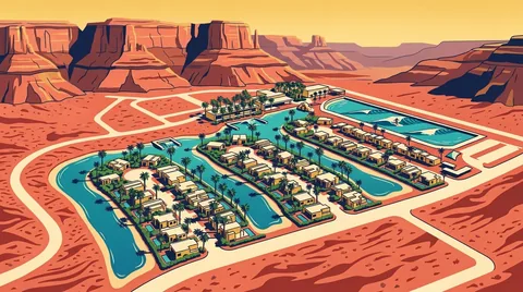 Illustration of Zion Shores in Southern Utah: finger-shaped surf lagoons lined with palm-shaded villas, the UNIT Surf Pool and red sandstone cliffs near Zion National Park